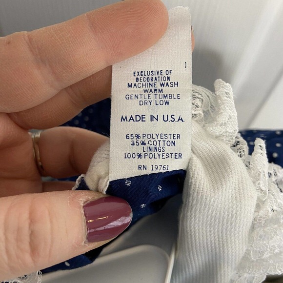 VTG Miss Quality Little Girls Size 5 Ruffle Lace Trim Dress Blue Polka Dot Frill - Picture 8 of 10